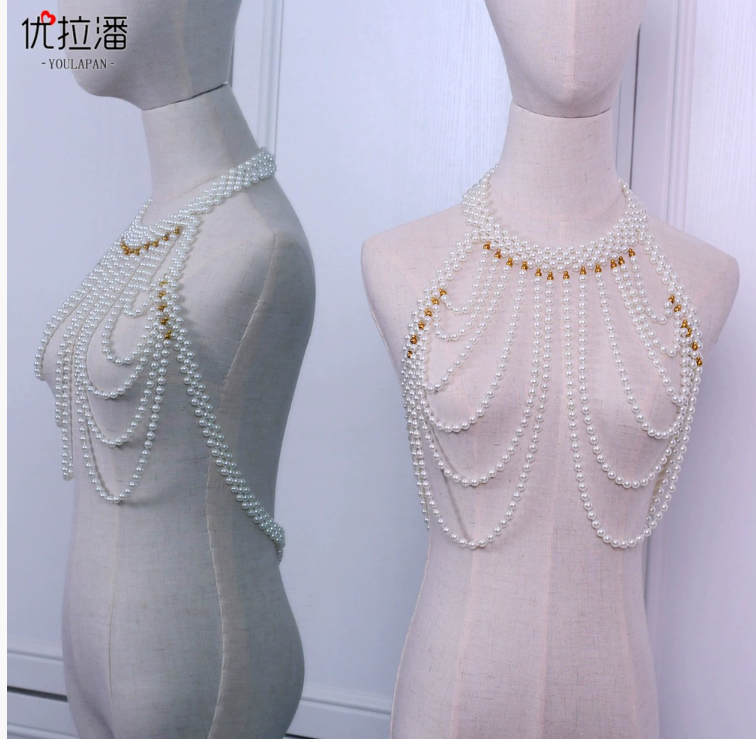 Yurapan VG49 Pearl Dress Shoulder Accessory, Handmade Beaded Clothing Accessories, Wedding Shawl, Sexy Hollowed-Out Shoulder Chain