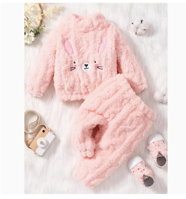 INS Infant Girls Autumn and Winter Round Neck Pullover Cute Cartoon Embroidery Long Sleeve Tops Long Pants Velvet Suit Trendy