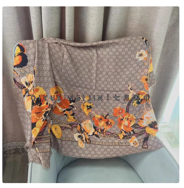 Thin high-end four seasons universal classic letter cashmere scarf 140 floral pattern large square scarf shawl autumn and winter