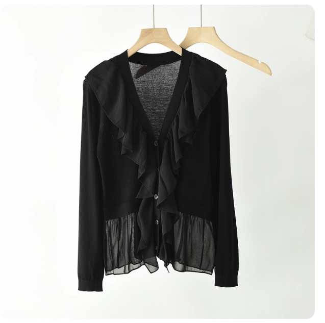 French chiffon ruffled sweater women's 2024 spring and autumn new design sense V-neck slim soft bottoming top
