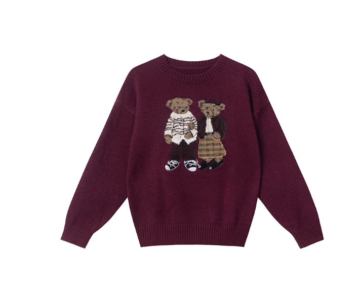 Cartoon bear jacquard embroidery round neck sweater for women autumn and winter new cute age-reducing loose pullover sweater top