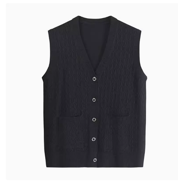 2024 Spring and Autumn New Style Knitted Cardigan Vest Jacket Women's V-neck Pocket Outerwear Vest Waistcoat Sweater Outerwear Trendy