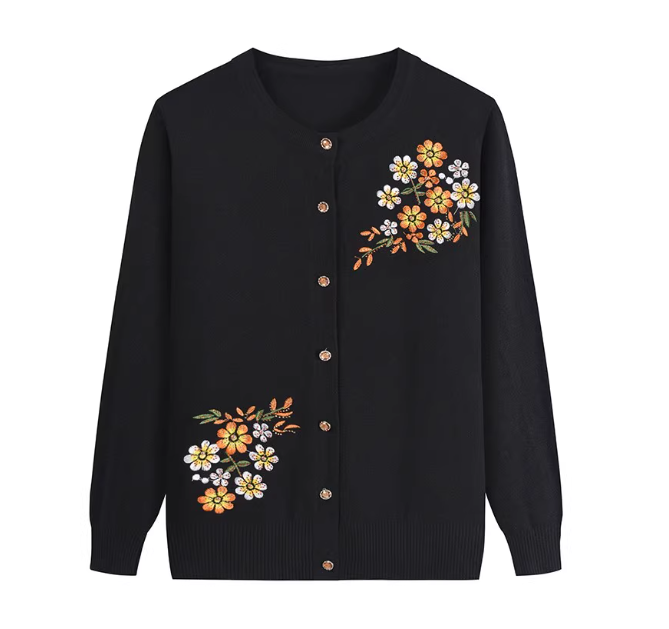 Stylish spring and autumn outerwear, thin and thick knitted cardigan, fleece-lined top, long-sleeved top for middle-aged and elderly women.