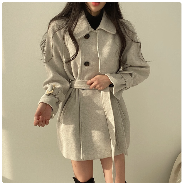 Korean chic autumn and winter casual fashion tie waist small woolen coat women's high-end woolen coat