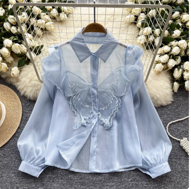 Design niche shirt women's summer new three-dimensional butterfly embroidery puff sleeves versatile slim mesh top trend