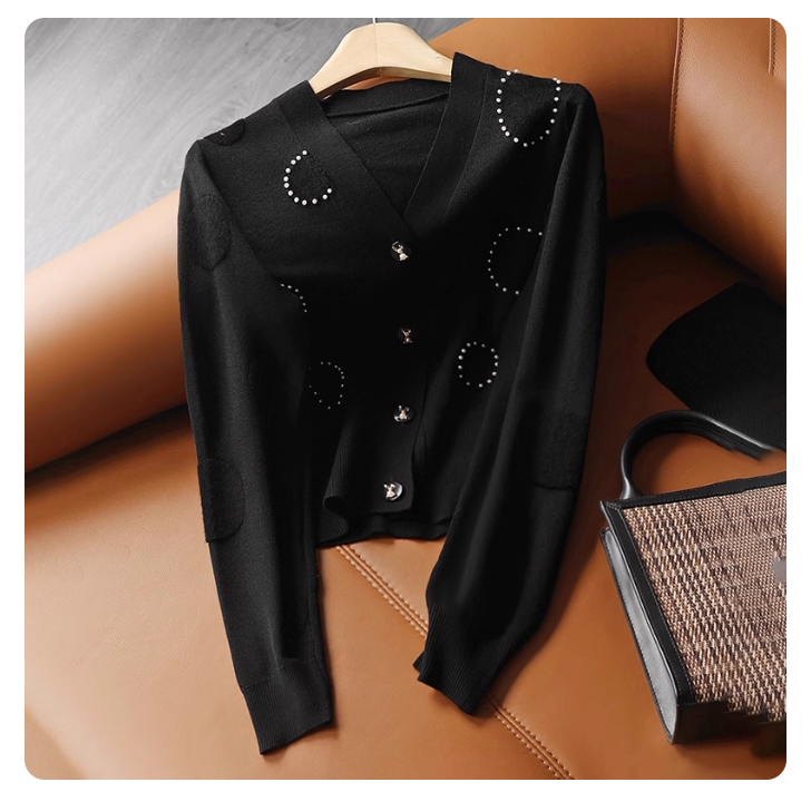 2025 autumn and winter new fashion design beaded knitted cardigan women's clothing unique beautiful temperament top trend