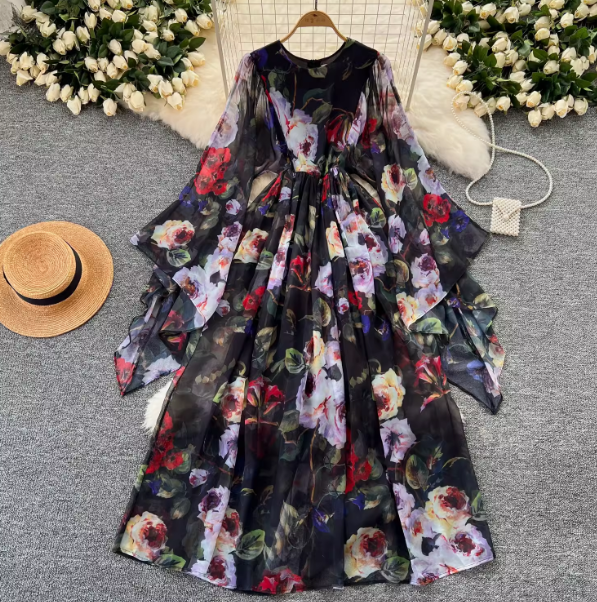 European and American celebrity retro palace dress female waist-lengthening age-reducing temperament trumpet long-sleeved printed chiffon A-line long skirt