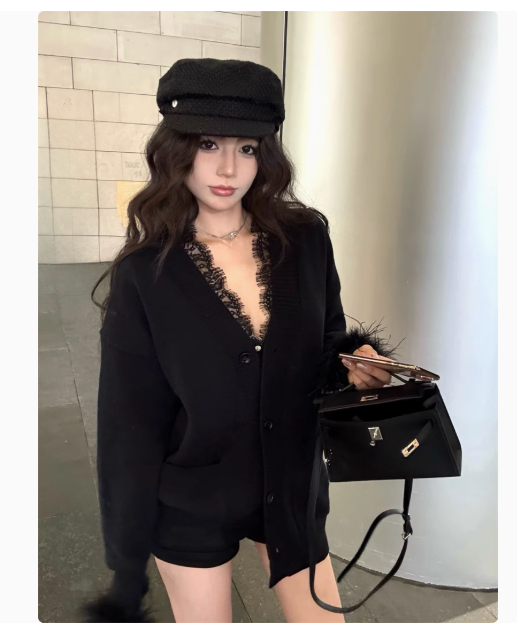 Autumn and winter 2024 new fur cuffs knitted cardigan women's black sweet temperament high-end coat top