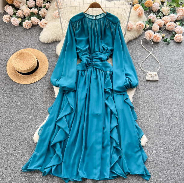 New spring and autumn high-end lady temperament ruffled large swing slim chiffon dress female ethnic style long skirt