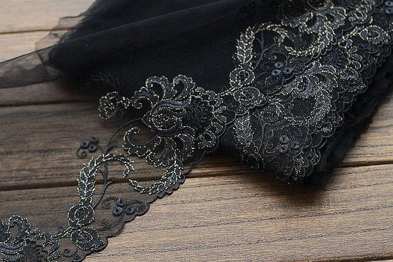 2 Yards Lace Trim Floral Embroidered Black Tulle Lace 8.66 Inches Wide High Quality