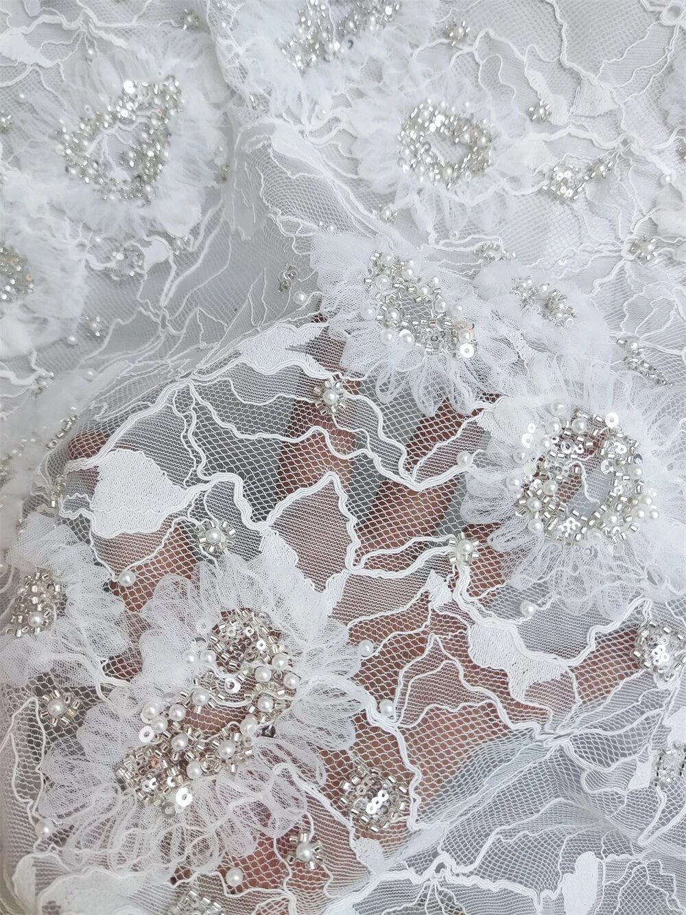 2023 African Fashion Design Fabric Super Top Handmade White Embroidery Beads Sequins Net Lace for Wedding or Evening Dresses