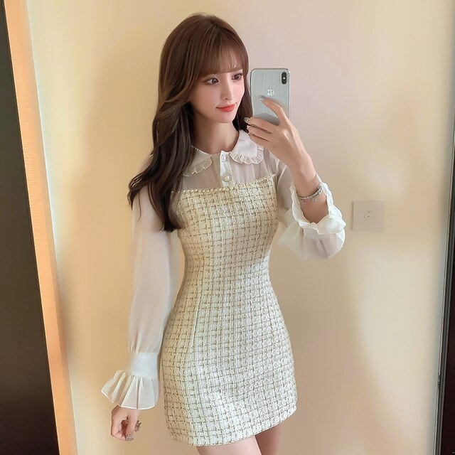 2023 New Chiffon Spring Summer Dress Women Long Sleeve Plaid Mini Ladies Dresses Korean Fashion Woman Dress Patchwork Vestidos