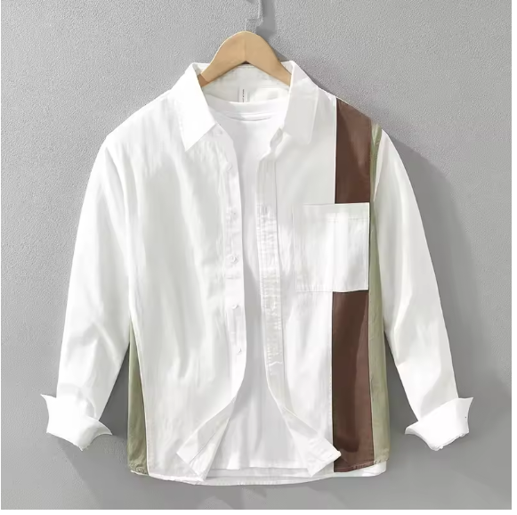 100% Cotton Patchwork Shirts for Men Casual Turn-down Collar Basic Classic Long Sleeve Shirts Tops Male Fashion Clothing 2024