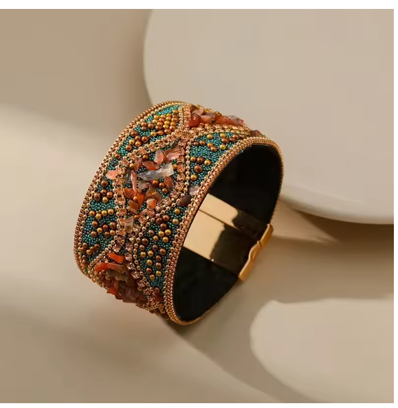 Bohemian Retro Women's Bracelet Punk Style Full Rhinestone Handmade Beading Personality Charm Female Bangle Cuff Jewelry Woman