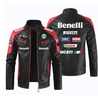 BENELLI Car Logo motorcycle PU Leather Jacket Patchwork Biker Jackets Casual Zipper Coat Male Motorcycle Jacket Outwear Coat