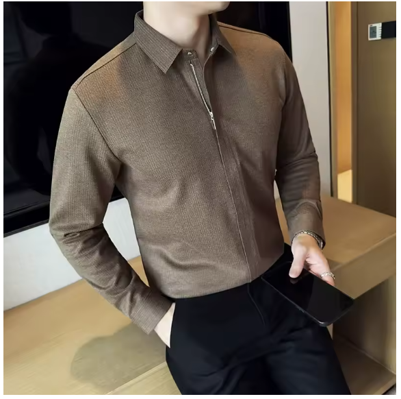 Autumn Winter New Thick Warm Woolen Shirt High-end Zipper Design Seamless Striped Shirt Fashion Men Casual Social Party Tuxedo