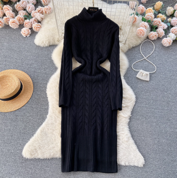 Turtleneck sweater skirt 2024 winter new style niche lazy style medium and long slim bottoming skirt knitted dress