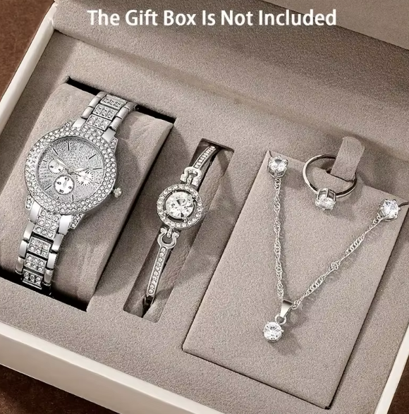 Women's Luxury Quartz Watch with Rhinestone Jewelry Set Custom Logo Includes Earrings Necklace and Dial Display Pointer