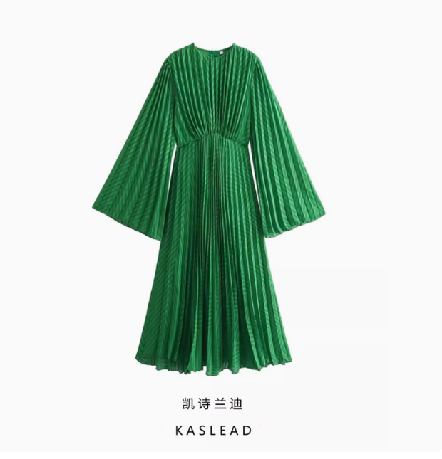 KASLEAD new women's European and American style fashion green large A-sleeve pleated dress