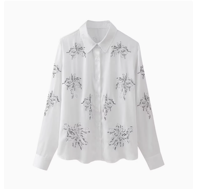 KASLEAD New Women's European and American Style Fashion Beaded Embroidered Shirt Casual Pants Set