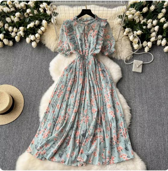 Floral dress for women 2024 summer new style sweet forest style wood ear edge waist drape pleated chiffon fairy dress