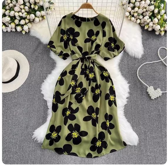 Summer gentle and ladylike puff-sleeved round neck waist slimming lace-up mid-length A-line printed dress