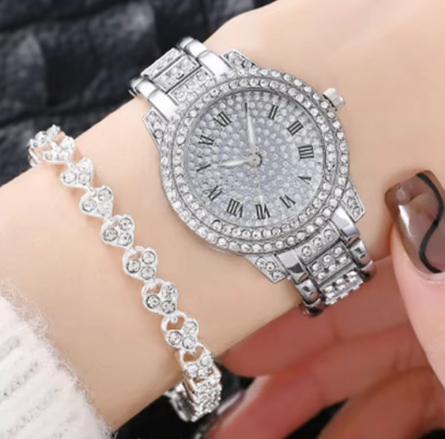 Luxury Full Crystal Diamond Watches Bracelet Set Men Women Fashion Gold Steel Belt Wrist Watch For Men Women