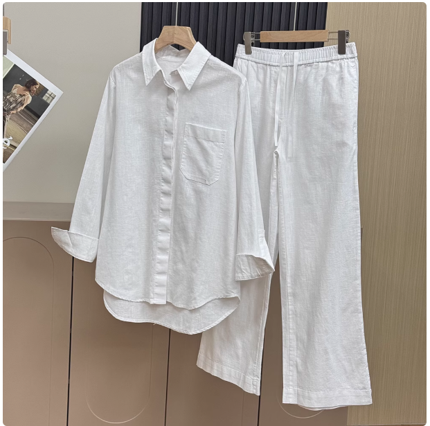 Nordic style! Spring and summer new retro loose-fitting all-match linen shirt + linen wide-leg pants suit for women 23561