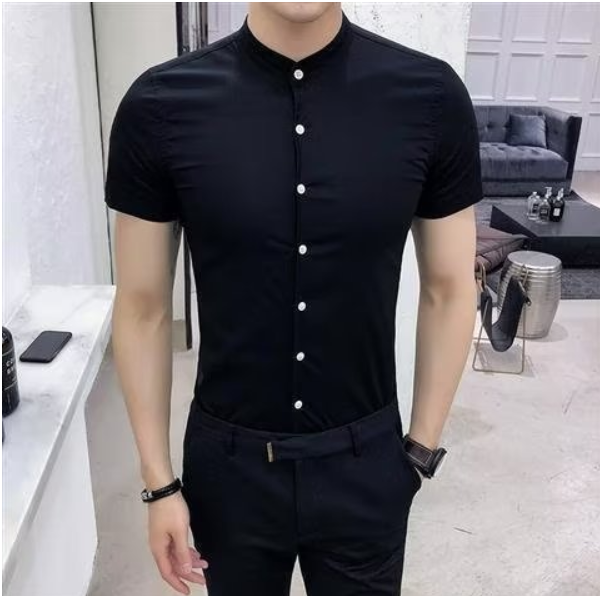 Men's shirt short sleeve trend slim fit versatile Korean style shirt high-end handsome stand collar work hairdresser clothing