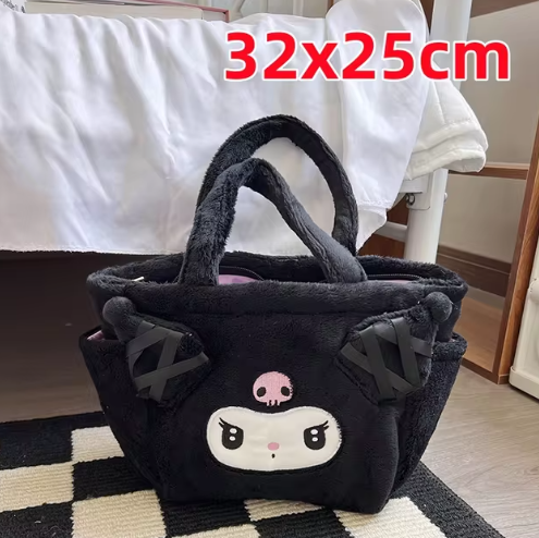 Sanrio Cute Lolita Kuromi My Melody Handbag Plush Bag Lovely Janpaese Style Shoulder Bag For Girl Student Black High-capacity