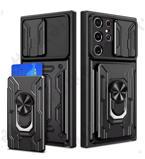 Case For Samsung Galaxy S25 S24 S23 S22 S21 Ultra Plus S20 FE A55 A35 A56 A36 4G 5G Slide Camera Card Holder 360° Ring Cover