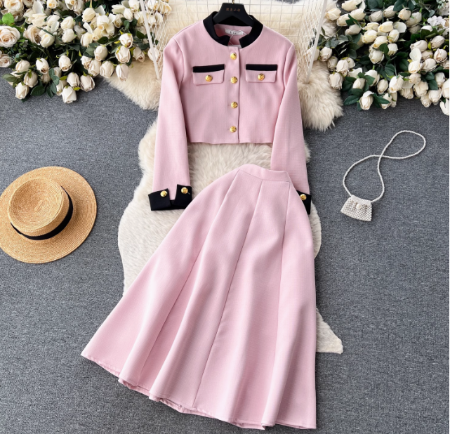 Celebrity high-end Chanel style metal buttoned round collar suit jacket women's two-piece suit high waist slim skirt