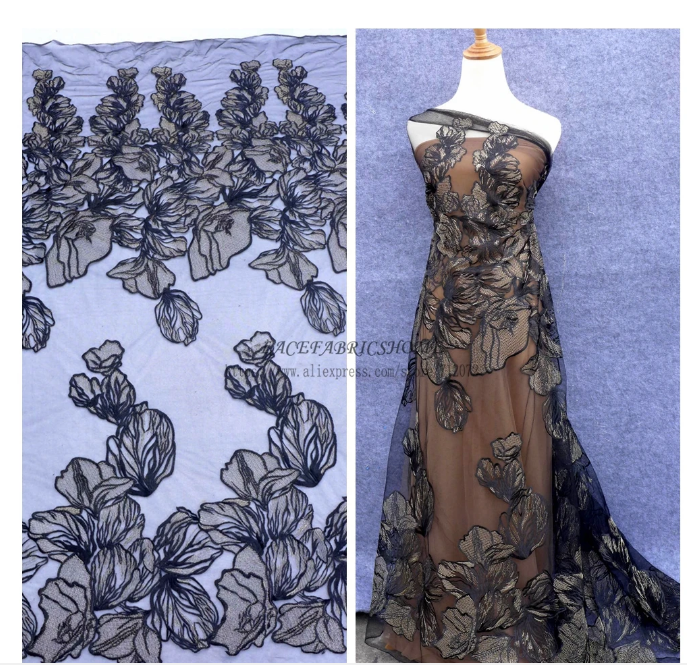 La Belleza Fashion style black gold mixed embroidered lace fabric evening dress lace fabric 1 yard
