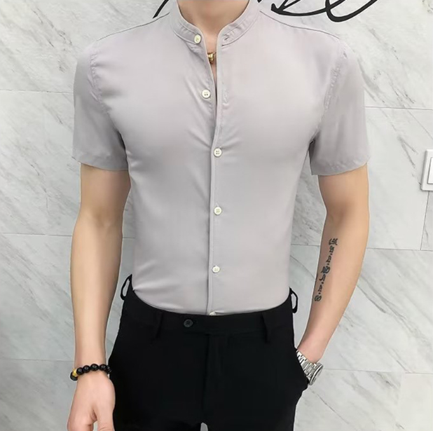 Men's shirt short sleeve trend slim fit versatile Korean style shirt high-end handsome stand collar work hairdresser clothing