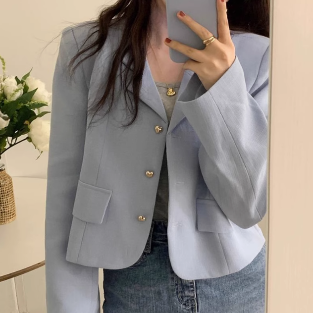 Korean chic spring French sweet lapel metal heart button loose versatile long-sleeved short suit jacket