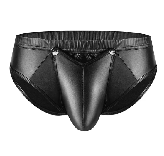 Men Faux Leather Low Rise Shiny Boxer Briefs Buckled Pouch Shorts Underwear