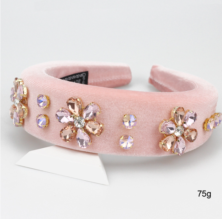 Amazon Hot Selling European and American Baroque Rhinestone Headband with Sponge Brim, Wide Retro Style, Full Rhinestone Headband, Pink Crystal Headband
