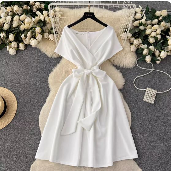 High-end celebrity style banquet party dress for women summer bow tie waist design niche chic dress