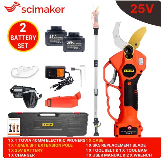 Scimaker 25V 40mm Cordless Electric Pruner Pruning Shear Efficient Fruit Tree Bonsai Pruning Branches Cutter 1.9m Extension Pole