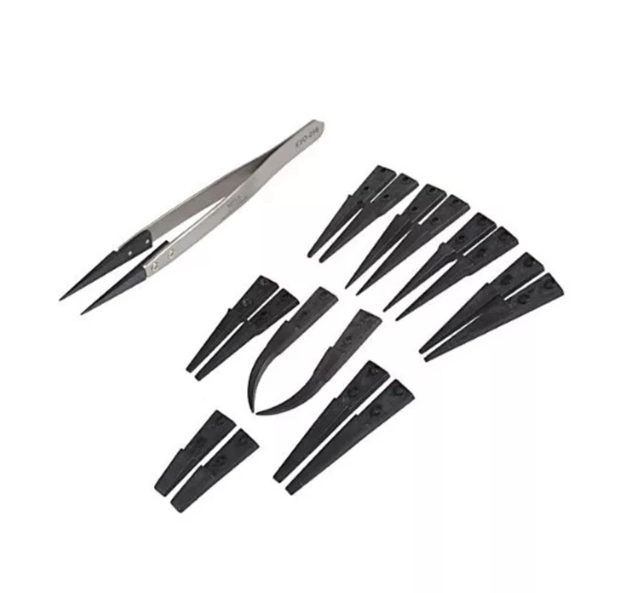 ESD 259 High Quality Handle Stainless Tweezers With 8Pcs Exchengeable Antistatic Plastic Tips Suit For Different Work