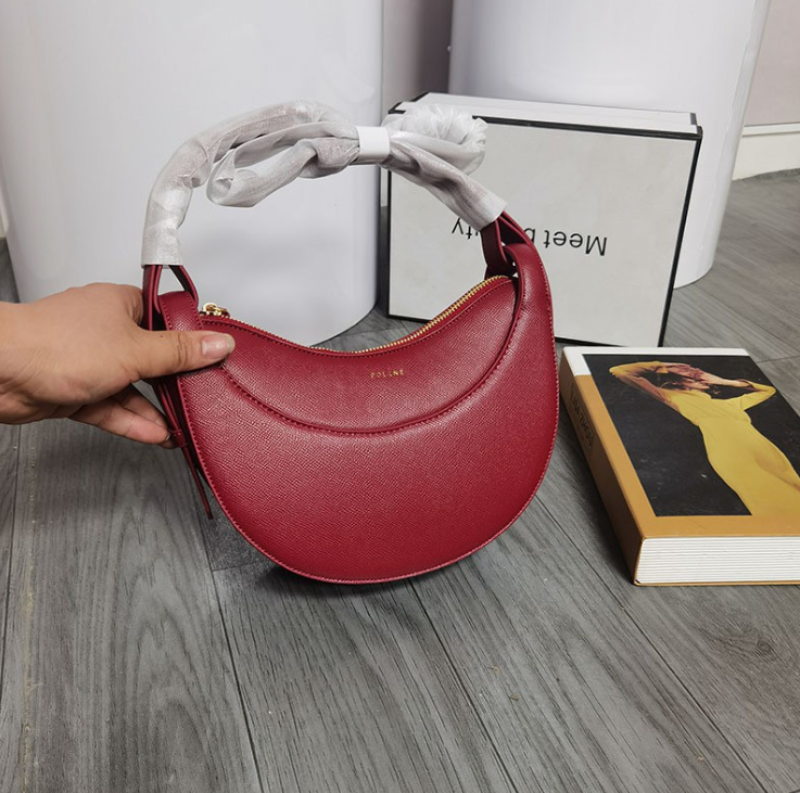 French polene niche shoulder messenger bag female litchi pattern crescent bag paris genuine leather underarm bag saddle bag