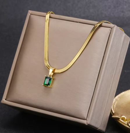 Tarnish Free 18k Gold Women Stainless Steel Snake Chain Choker Square Green Zirconia Crystal Diamond Necklace for Dropshipping