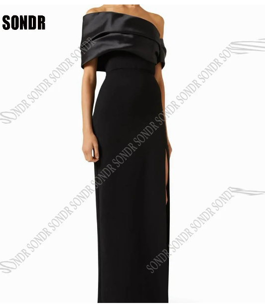 SONDR Simple Black Evening Dresses Gorgeous Satin Beach Off Shoulder Short Sleeves High Slit Casual Formal Event Party Prom