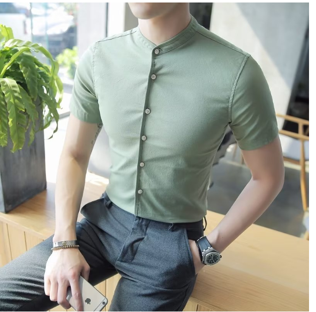 Men's shirt short sleeve trend slim fit versatile Korean style shirt high-end handsome stand collar work hairdresser clothing