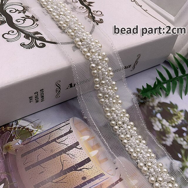 5.8Yards/Piece White Pearl Beads Trim Rhinestone Tape Decoration Lace Ribbon Crystal Appliques for Clothes Shoes Making