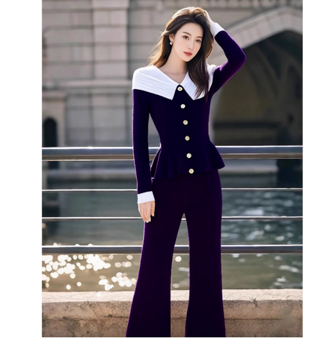 Winter wear a complete set of high-end temperament lady high-end small fragrance style purple lapel sweater wide-leg pants suit