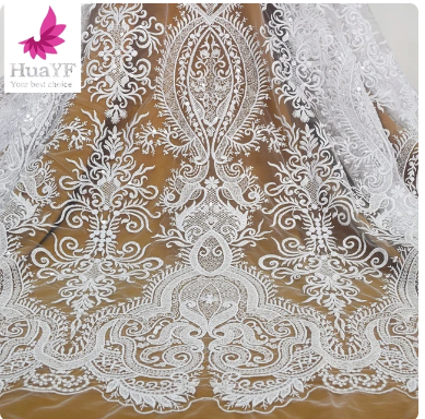 New High Quliaty Beautiful Bridal White Lace Fabric Special Disign, Beaded Wedding Dress Lace Fabric 1 Yard HY1533