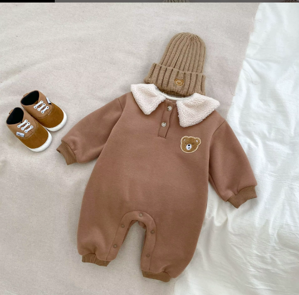 Winter Baby Clothes Thickened Boys' Plush Bodysuits Lapel Bear Baby Long Sleeve Jumpsuit