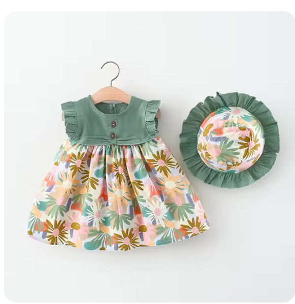 2Piece Set Summer Toddler Dresses For Girls Korean Fashion Flowers Sleeveless Beach Princess Dress+Hat Baby Clothes Outfit BC140