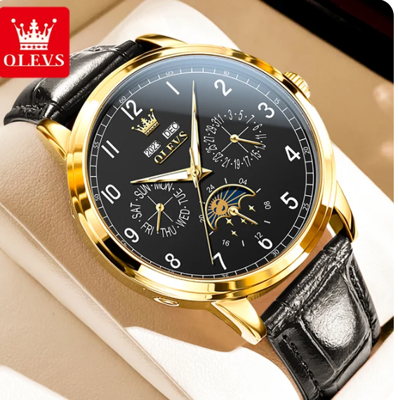 OLEVS 6698 Automatic Watch Luxury Leather Strap Calendar Waterproof Luminous Moon Phase Original Brand Mechanical Watch for Men